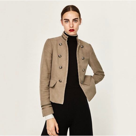 Zara Basic Collection Cropped Military Double-Breasted Jacket Olive Taupe Medium - Picture 9 of 9